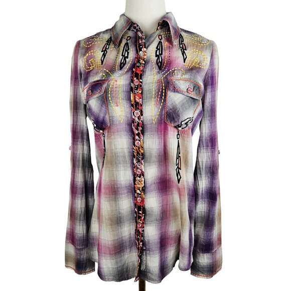 NWT! Roar Native Song Shirt Medium Plaid Embroidered Rhinestone Western Purple - Picture 2 of 15